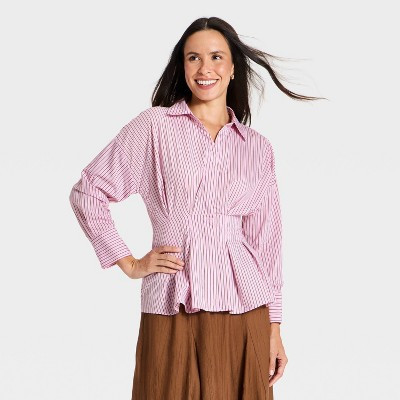 Women's Long Sleeve Structured Button-Up Striped Shirt - A New Day™ Blue 3X | Target