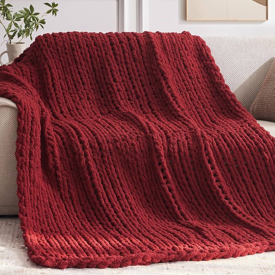 Chunky Knit Throw Blanket, 50''*60'' Knitted Throw Blankets for Bed Couch, Handmade Thick Red Cro... | Amazon (US)