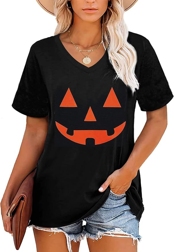 Women's Halloween Jack o Lantern Short Sleeve Shirts | Amazon (US)