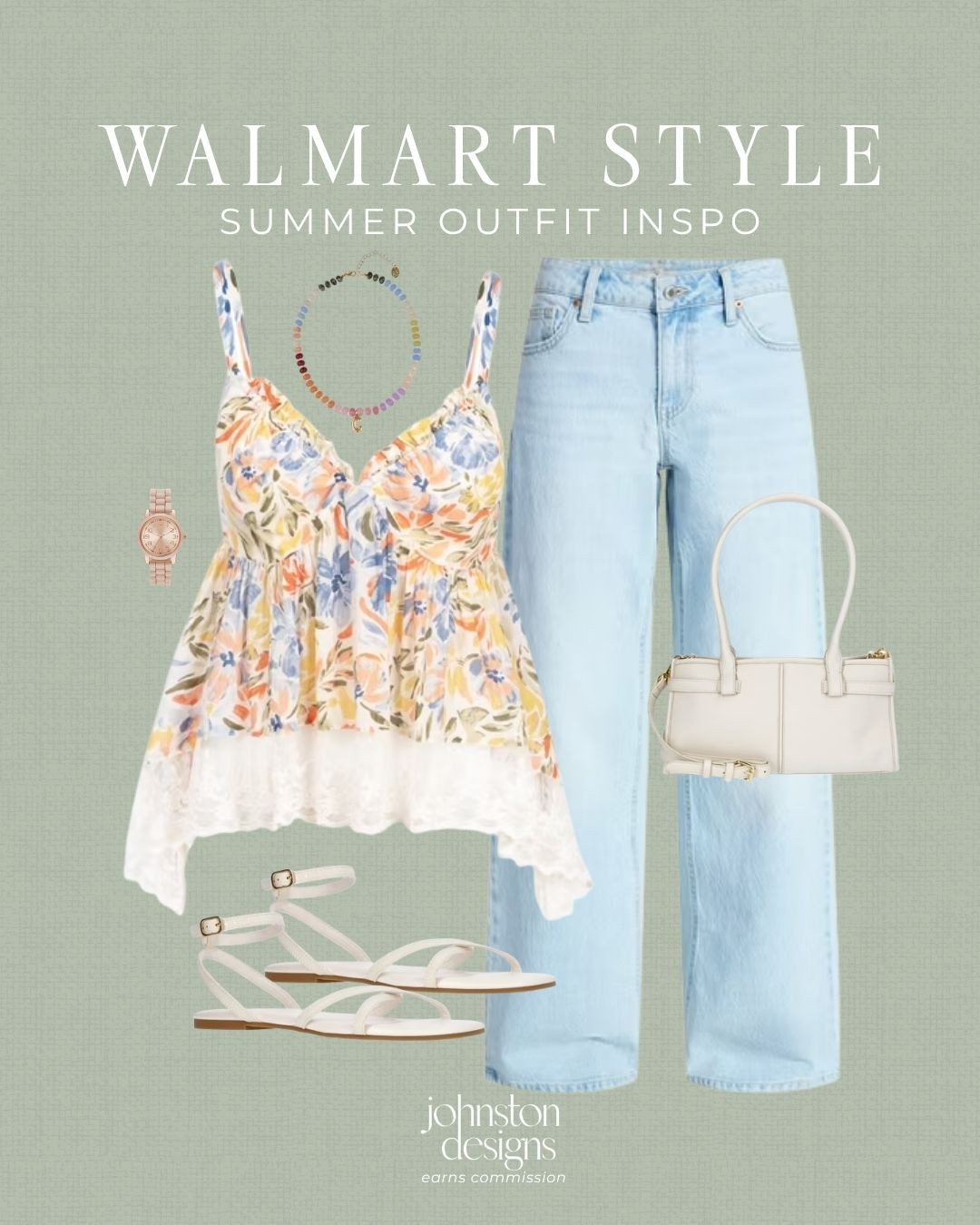 Walmart summer style with soft pastels, light denim + white accessories 💐 A pretty warm-weather look for vacation, brunch or weekend plans.

Walmart style, summer outfit inspo, floral tank, wide leg jeans, white sandals, pastel accessories, vacation look, casual weekend, affordable fashion, outfit inspo. 

 #LTKootd #LTKSeasonal
