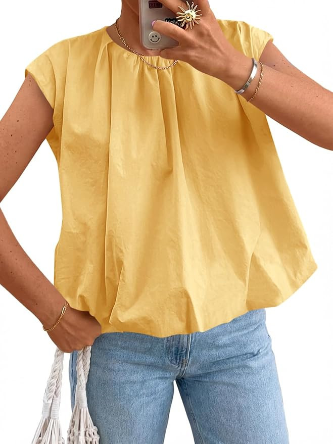 Cicy Bell Womens Summer Cap Sleeve Blouses Casual Pleated Open Back Crew Neck Bubble Tank Tops Bo... | Amazon (US)