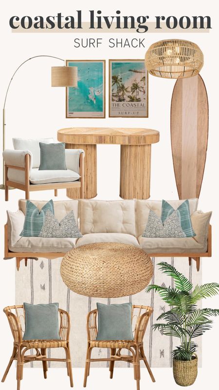 Coastal living room, surf shack decor, coastal couch, ottoman, console table, surf board decor, surf pictures, wall decor, accent chairs, rugs, coastal plant, coastal lamp, ceiling lighting, throw pillows 

#LTKhome #LTKstyletip #LTKSeasonal
