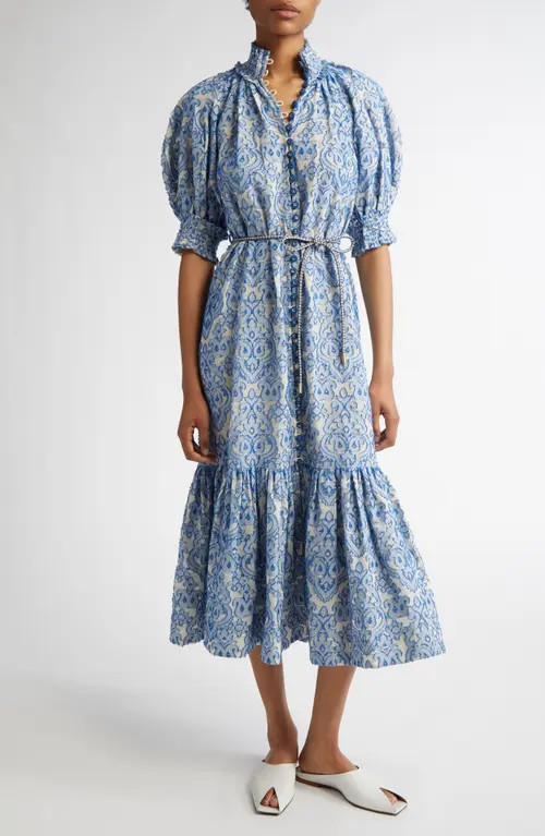 Zimmermann Wyle Lantern Sleeve Fil Coupé Midi Dress in Blue at Nordstrom, Size 4 | Nordstrom
