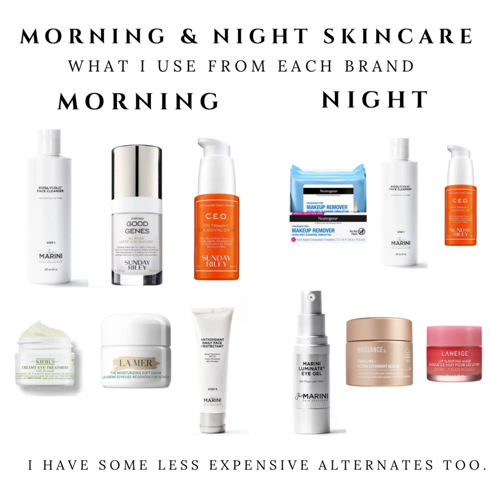 Here's the line up of what I used on my skin in the morning and night... as well as a few notes and alternatives. 

Morning
1. Wash with Jan Marini C-Esta Wash or Jan Marini Bioglycolic. (Alternate) Kiehl's also has a great wash that's gentle. 

2. Apply Sunday Riley Good Genes

3. Apply Sunday Riley Vitamin C 

4. Apply Kiehl's Avocado Eye Cream 

5. Apply LaMer Moisturizer (This is pricey. If I don't have it, I use Kiehl's. Oil of Olay is the drugstore brand I recommend.) 

6. Always Jan Marini Antioxidant with SPF if i'm outside or running around. 

Nighttime 

1. Remove makeup with Neutrogena Fragrance Free wipe. I also like Colleen Rothschild Cleansing Balm for removing makeup. 

2. Then I cleanse with the Jan Marini Bioglycolic or her C-Esta wash again. (Makeup wipes aren't washes.) 

3. Apply Sunday Riley Vitamin C (Jan Marini also has a good one in the kit.) 

4. Apply Jan Marini Illiminate Eye Gel 

5. Apply Biossance Overnight Rescue 

6. Apply Laneige Lip Mask 

If you just want a one and done, get the Jan Marini Skin System Kits. Everything is good. If you need to break to down, the recipe above is most effective for me. 

#LTKover40 #LTKbeauty