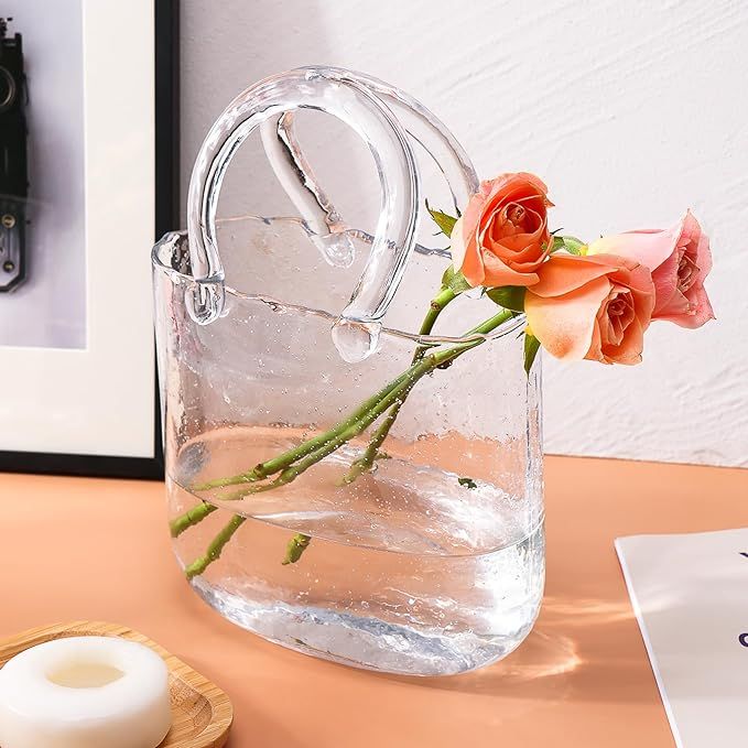 Fixwal Glass Purse Vase for Flowers, Clear Bag Vase with Handle and Bubbles, 7.7"x7.3" Handbag Sh... | Amazon (US)