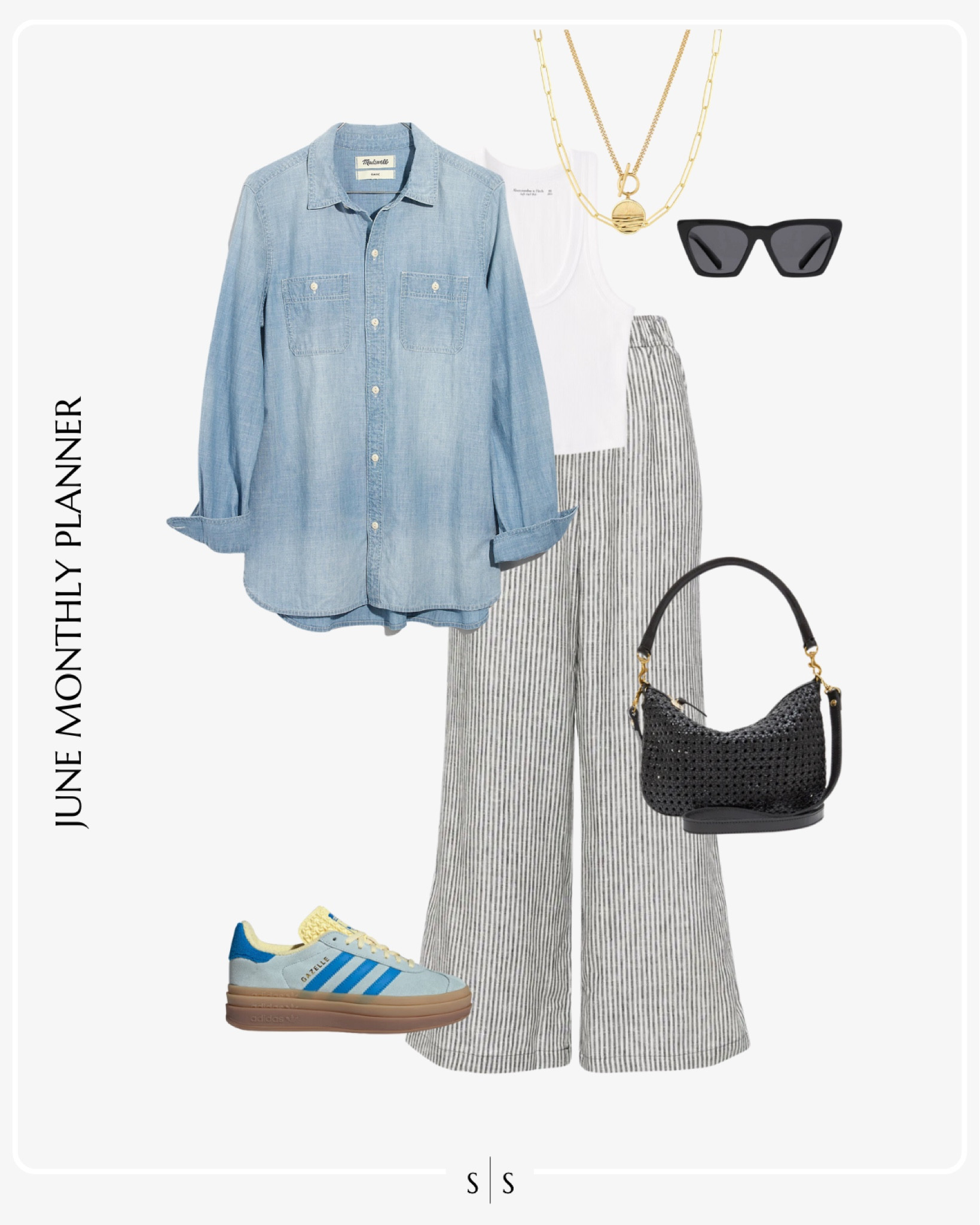 Monthly outfit planner JULY: Summer looks | striped linen pant, chambray shirt, tank, Adidas, handbag, Summer accessories 

See the entire calendar on thesarahstories.com ✨ 
