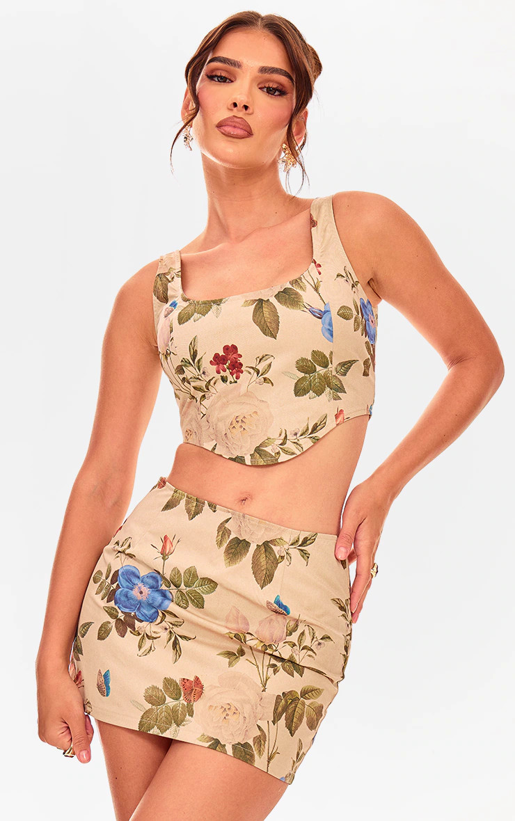 Cream Floral Corset Crop Top | Co-ords | PrettyLittleThing US