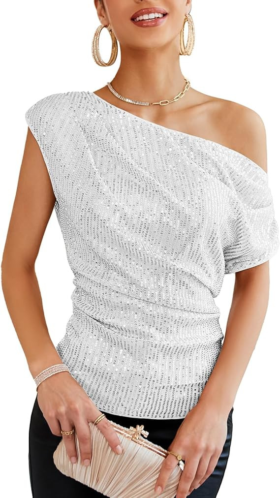 GRACE KARIN One Shoulder Sequin Sparkly Tops for Women Ruched Asymmetrical Glitter Tops Slimming ... | Amazon (US)