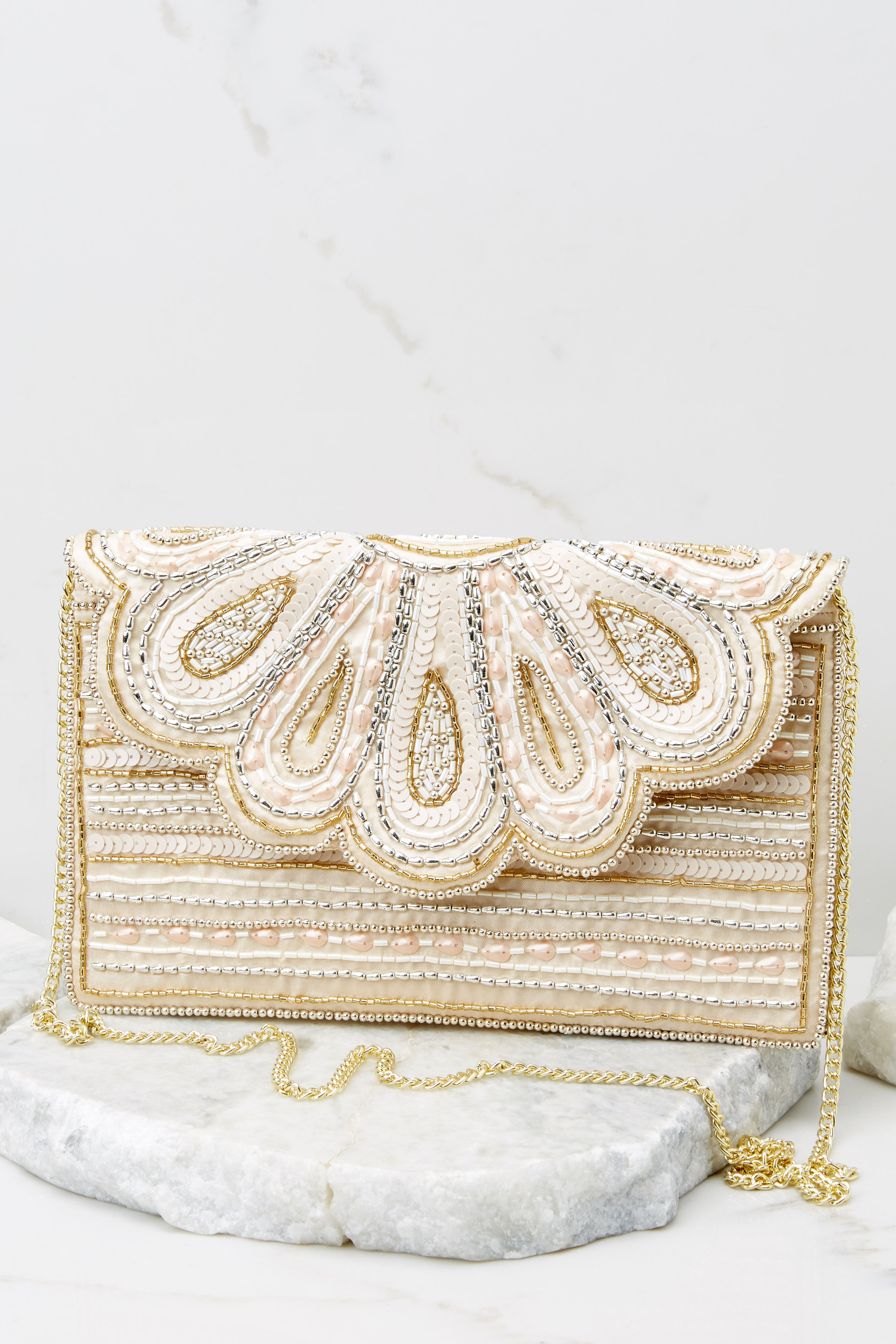 Awaited Perfection Sand Multi Beaded Clutch | Red Dress 
