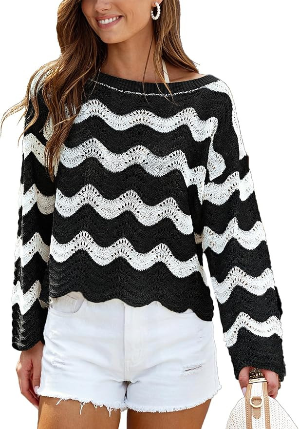 CUPSHE Women's Crochet Cover Up Long Sleeve Striped Beach Cover Up Top Summer Casual Knit Tops fo... | Amazon (CA)