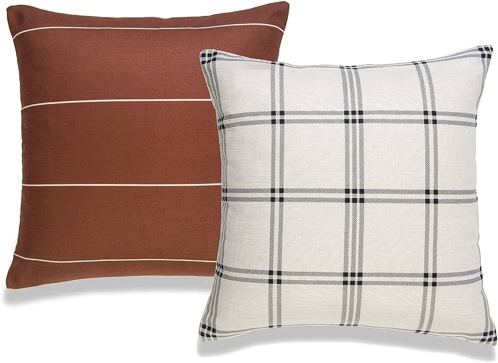 Hofdeco Modern Boho Decorative Throw Pillow Cover ONLY, for Couch, Sofa, Bed, Rust Stripes Plaid,... | Amazon (US)