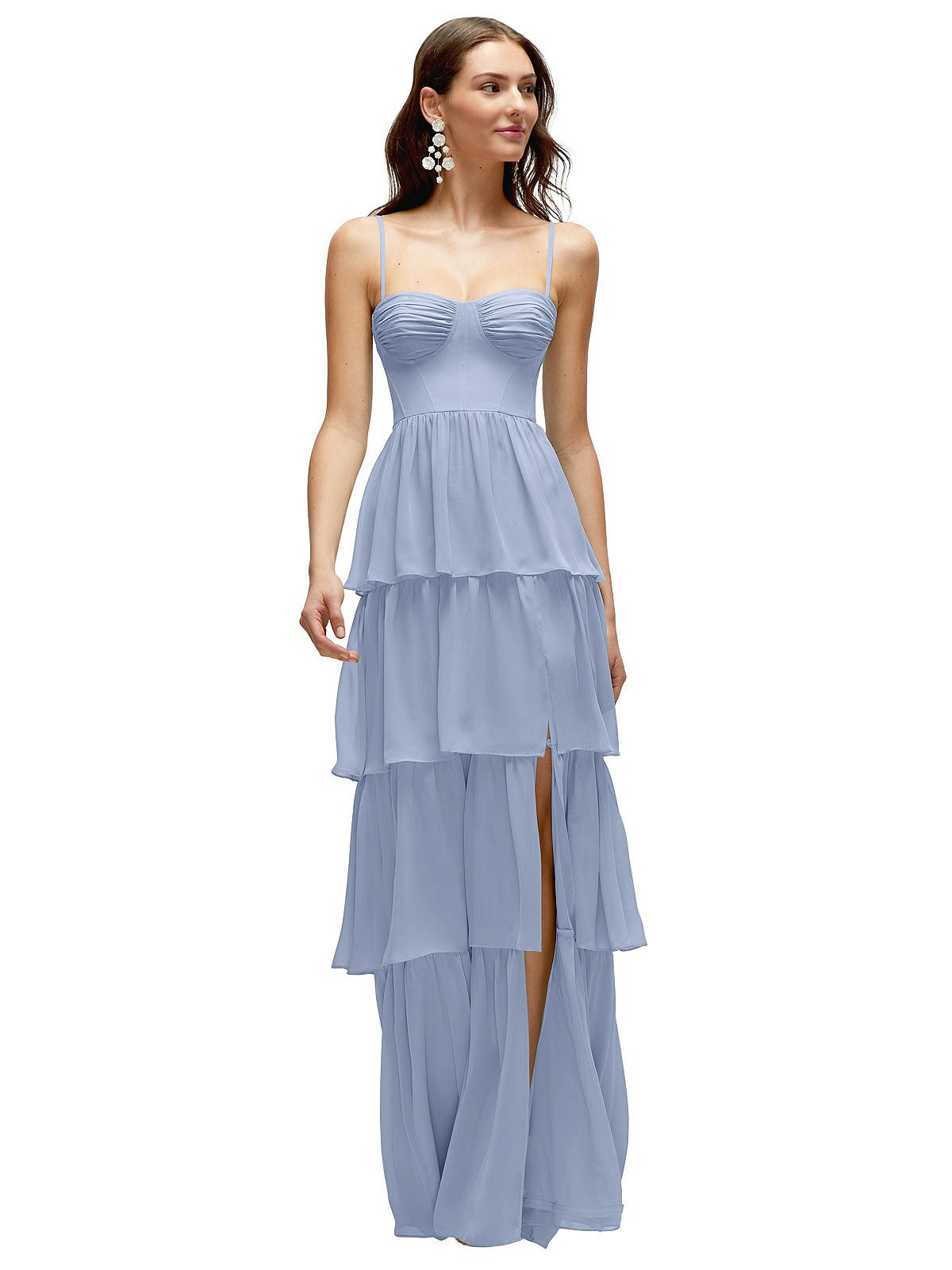 Bustier-Style Chiffon Tiered Ruffle Maxi Dress with Adjustable Straps in Sky Blue | The Dessy Group