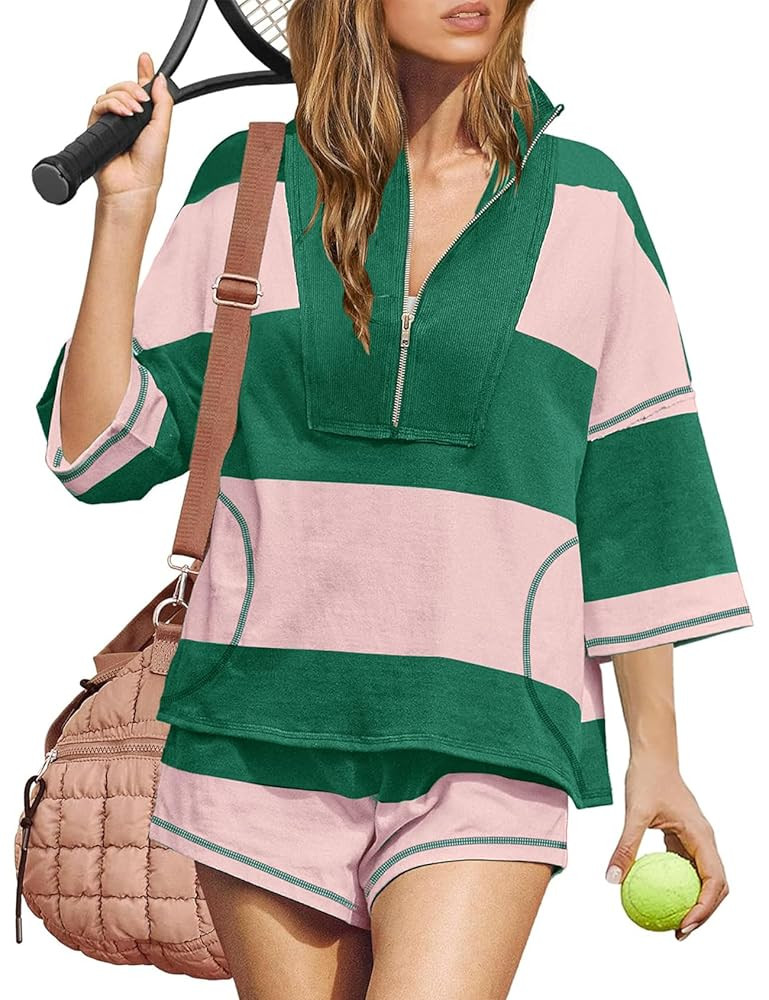 Women’s Striped 2 Piece Workout Set Casual Oversized Half Zip Top and Shorts Sets Retro Rugby O... | Amazon (US)