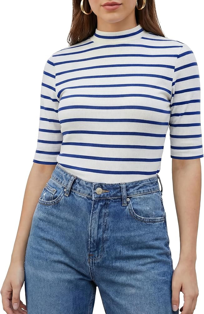 Zengjo Women‘s Striped Shirt Mock Neck Elbow Length Slim Fitted Short Sleeve Ribbed Turtleneck ... | Amazon (US)