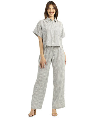 Women's Pucker Stripe Button-Front Top and Pull-On Pants Set | Macy's