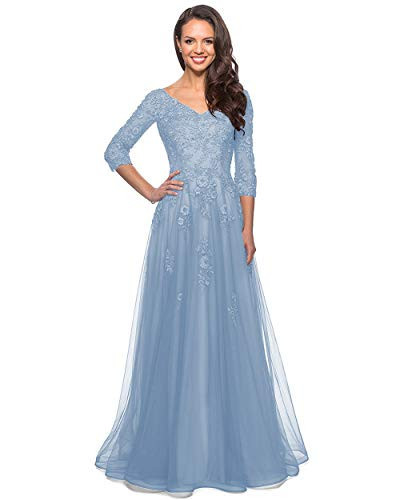 Miao Duo Sky Blue Lace Appliqued 3/4 Sleeve Mother of The Bride Dress Sky Blue Long Formal Dresses for Women Evening Sky Blue 14 | Amazon (US)