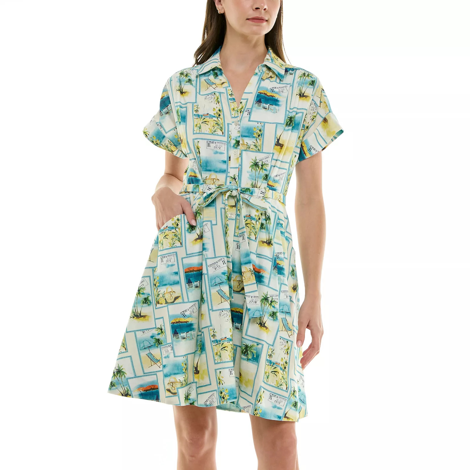 Women's Taylor Fit & Flare Tie Waist Shirt Dress, Size: 4, Ivory Tropical Teal | Kohl's