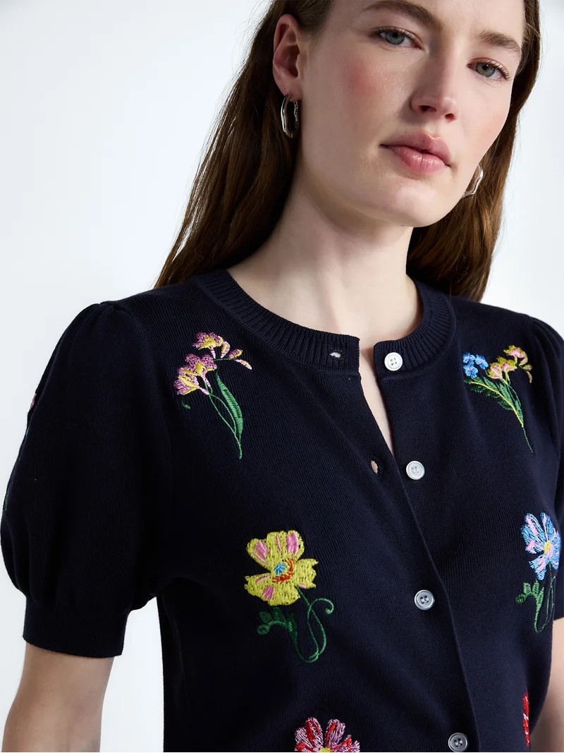 Free Assembly Women's and Women's Plus Embroidered Cardigan Sweater with Puff Sleeves, Lightweigh... | Walmart (US)