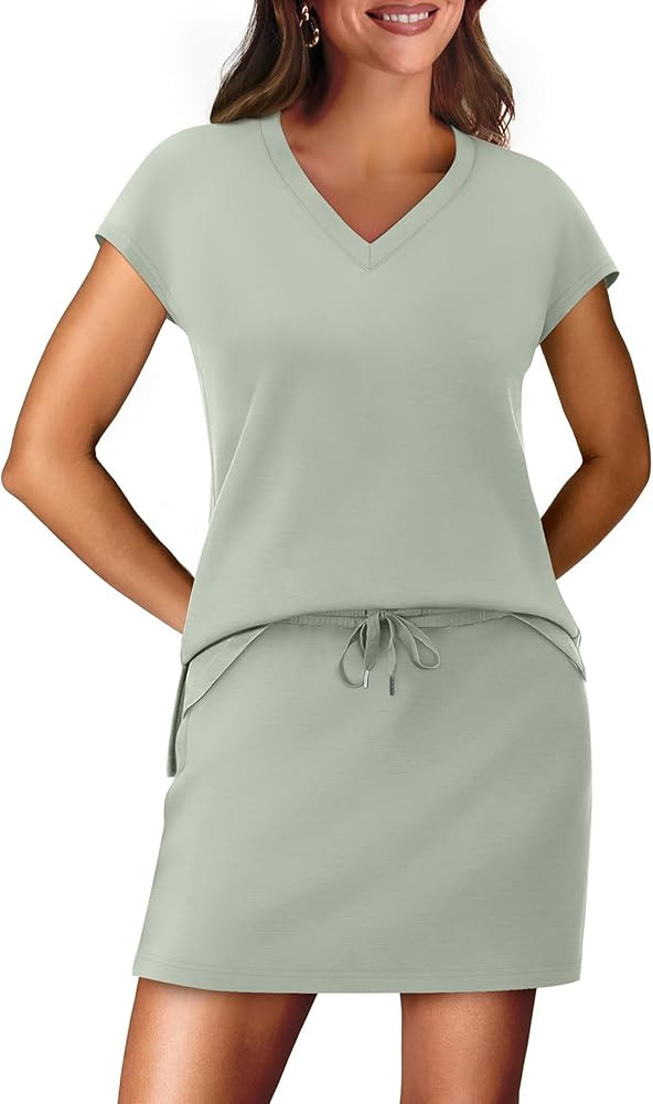 WIHOLL Two Piece Skirt Sets for Women Summer Vacation Outfits Travel Tennis Skirt Cap Sleeve Loun... | Amazon (US)