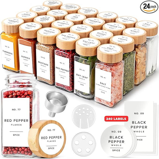 Square Spice Jars with Bamboo Wooden Lid (Pack of 24) Spice Jars with Shaker Insert and 240 Label... | Amazon (US)