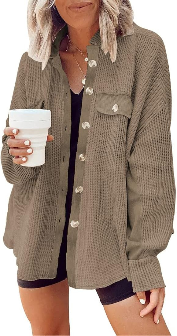 Womens Corduroy Button Down Shirts Color Block Long Sleeve Blouses Tops Jackets | Amazon (US)