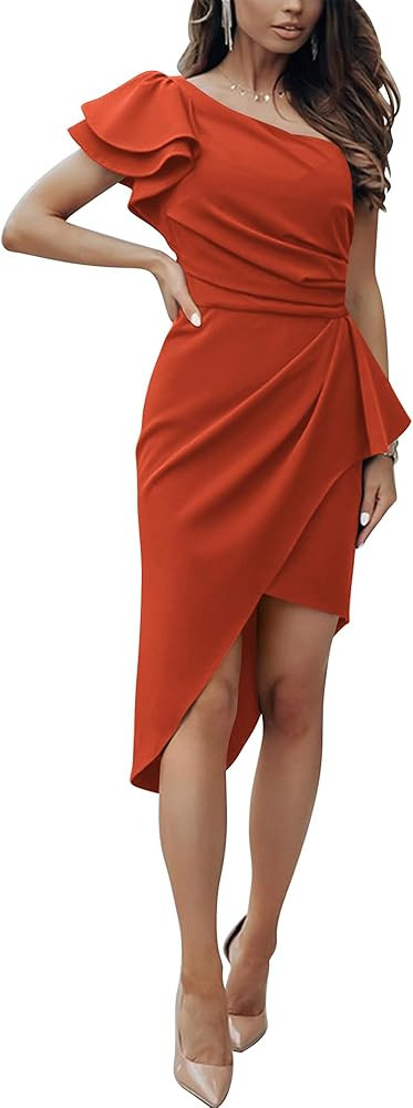 BTFBM Women 2024 Summer Fashion Elegant One Shoulder Cocktail Dress Ruffle Sleeve Wrap Ruched Bod... | Amazon (US)