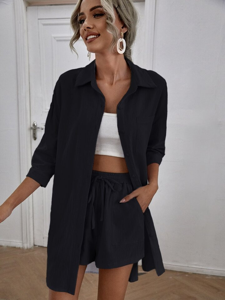 SHEIN Essnce Solid High Low Split Hem Shirt & Shorts | SHEIN