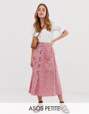 ASOS DESIGN Petite button front midi skirt with pockets in red floral print | ASOS US