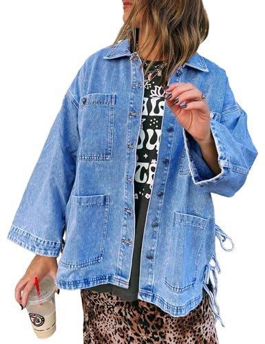 PHISOCKAT Side Tie Jean Jacket Oversized Denim Jacket for Women Split Boho Long Sleeve Coats Trendy Cowboy Chic | Amazon (US)