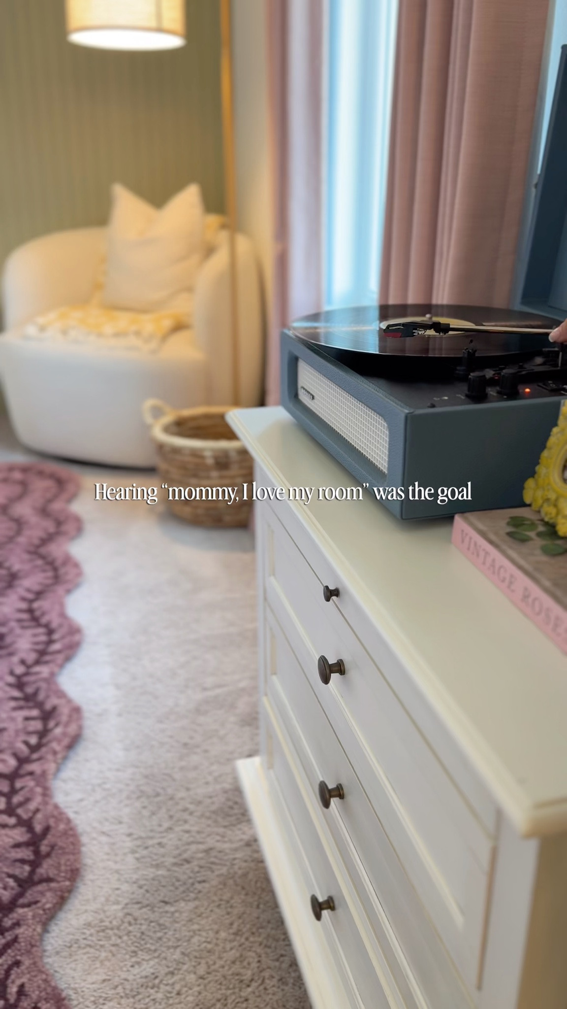 Girls room, girl mom, pink rug, curtain, nightstand , bed, bedding, quilt 