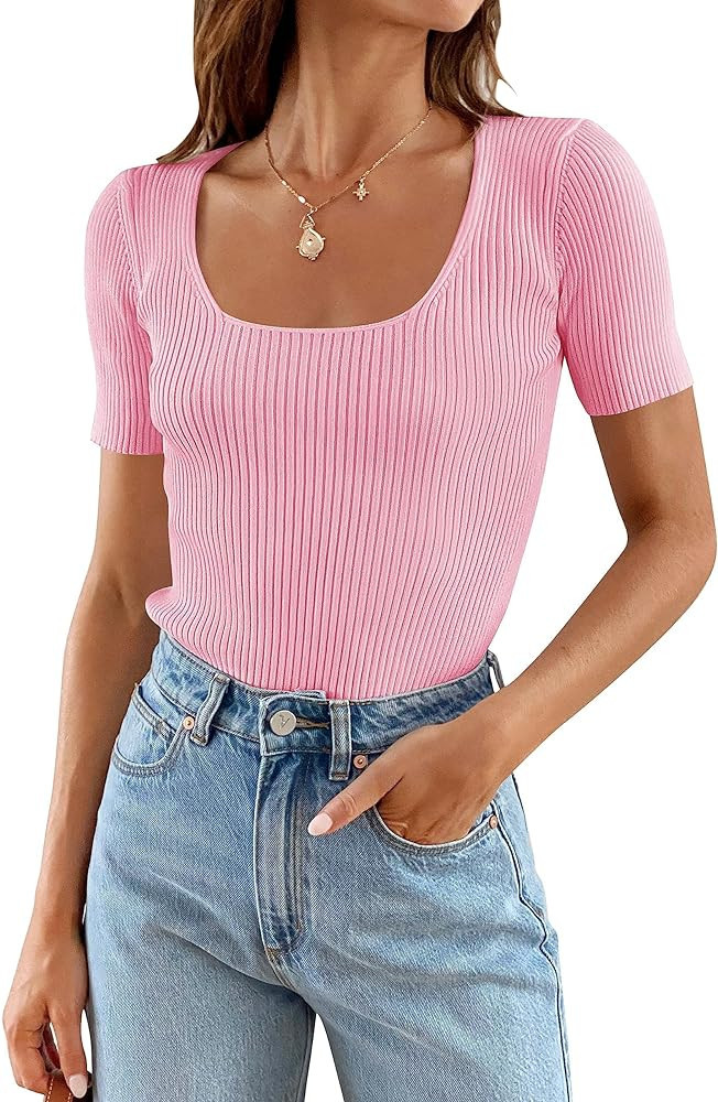 ZESICA Women's Short Sleeve Square Neck T Shirts 2024 Summer Slim Fitted Ribbed Knit Basic Casual... | Amazon (US)