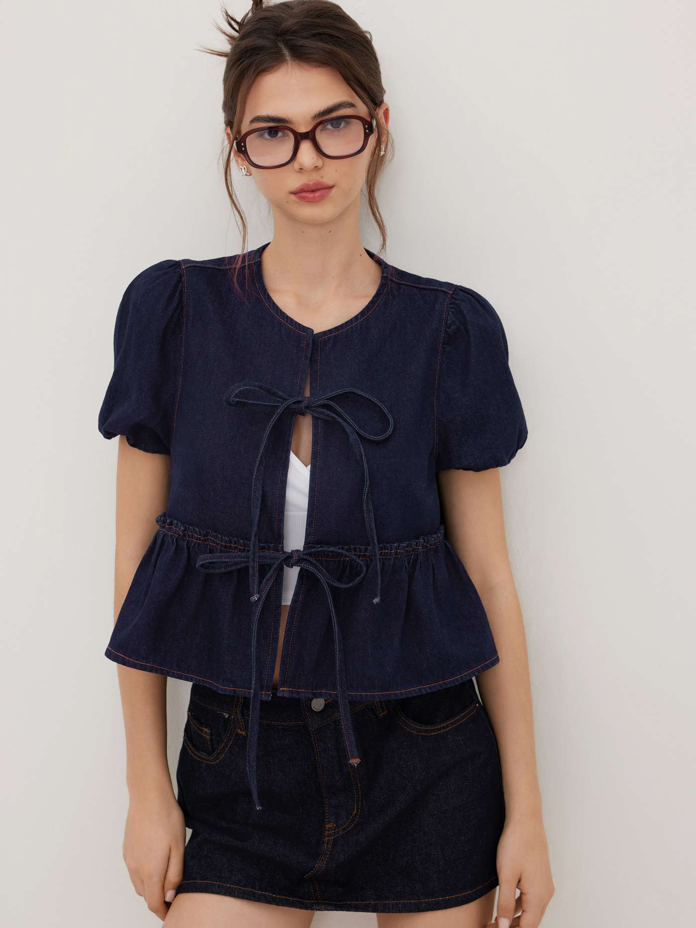 Denim Denim Tie Front Bow Puff Sleeve Oversized Blouse For Daily Casual | Cider