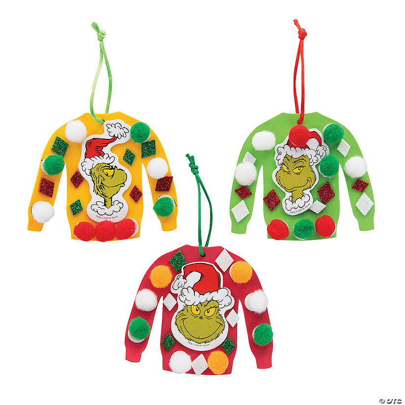 4" x 3 1/2" Dr. Seuss™ The Grinch Ugly Sweater Christmas Ornament Craft Kit - Makes 12 | Oriental Trading Company
