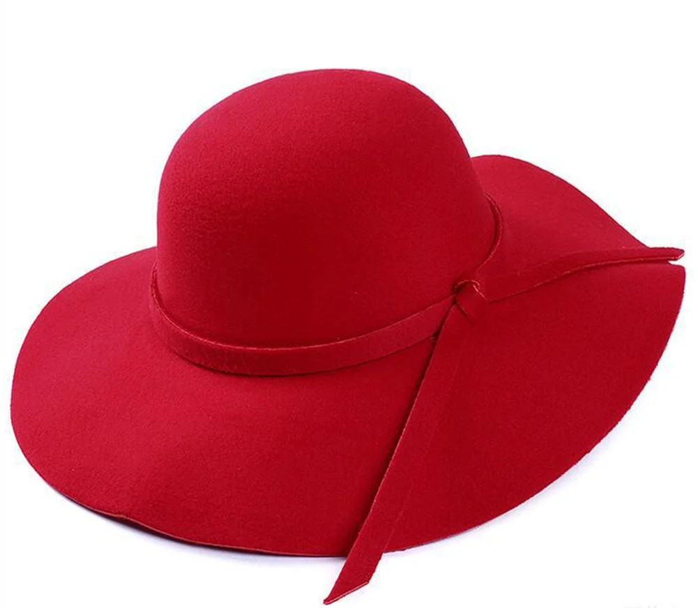 Women Wool Floppy Hat Vintage Wide Brim Felt Cap Fashion Bow Fedora Hat (Red, One Size) - Walmart... | Walmart (US)