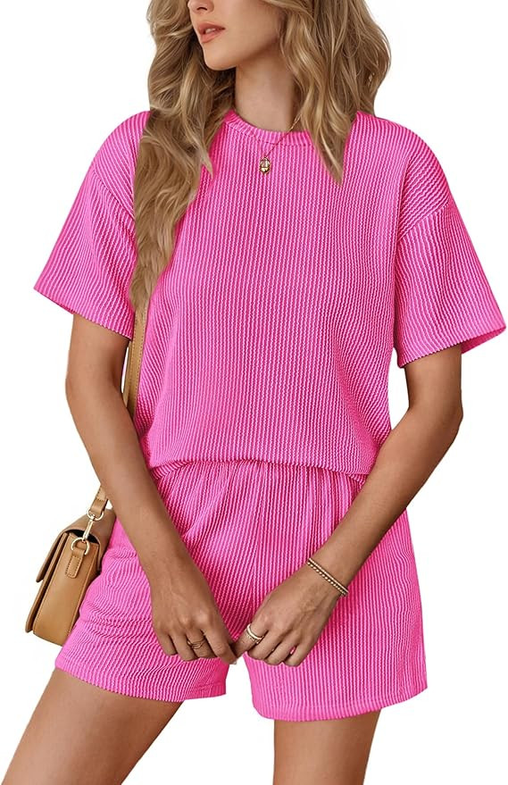 Ekouaer Short Sets for Women 2 Piece Outfits Summer Loose Lounge Set Ribbed Textured Knit Short S... | Amazon (US)
