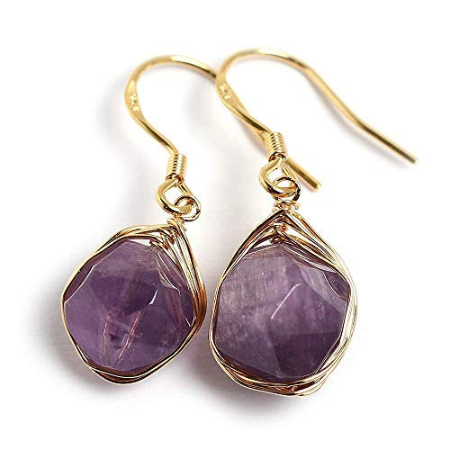 Natural Stone Wire Wrap Dangle Drop Earrings Gold Plated 925 Sterling Silver Hook/Amethyst Raw Cu... | Amazon (US)