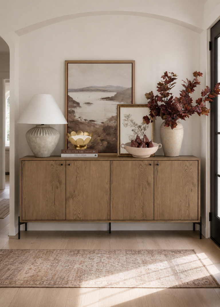 Neutral Fall Entryway Decor. Faux fall stems, table lamp, large neutral art, brown pears, fall candle 

 #LTKSeasonal #LTKHome