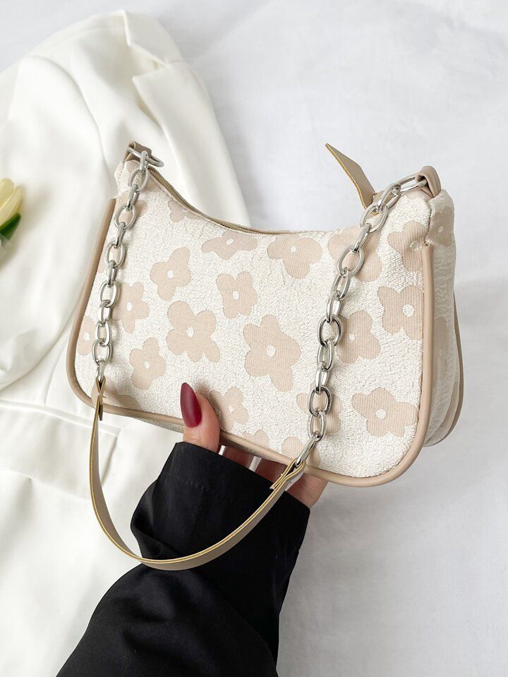 Floral Printed Shoulder Bag Floral Shaped Chain Underarm Bag Versatile PU Leather Women's Bag Jac... | SHEIN