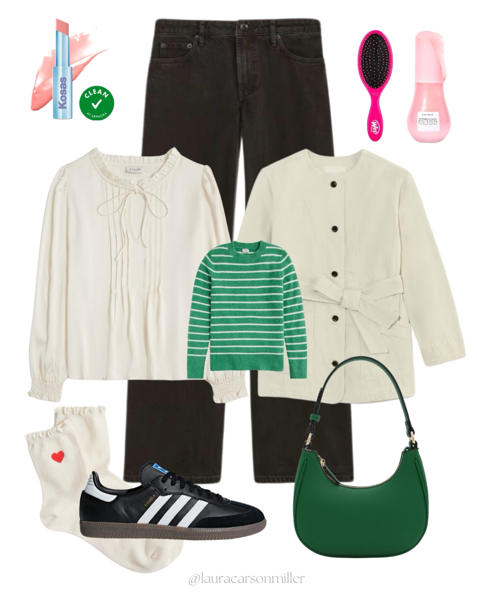 Simple black jeans and a tie neck blouse in cream are the building blocks for many a great outfit!
Laura carson miller, belted jacket, green bag, sneakers, wet brush, serum, sheer lip color, vacation outfit, valentines, wardrobe staples, capsule wardrobe, classically modern style, layers

#LTKFindsUnder50 #LTKMidsize #LTKStyleTip