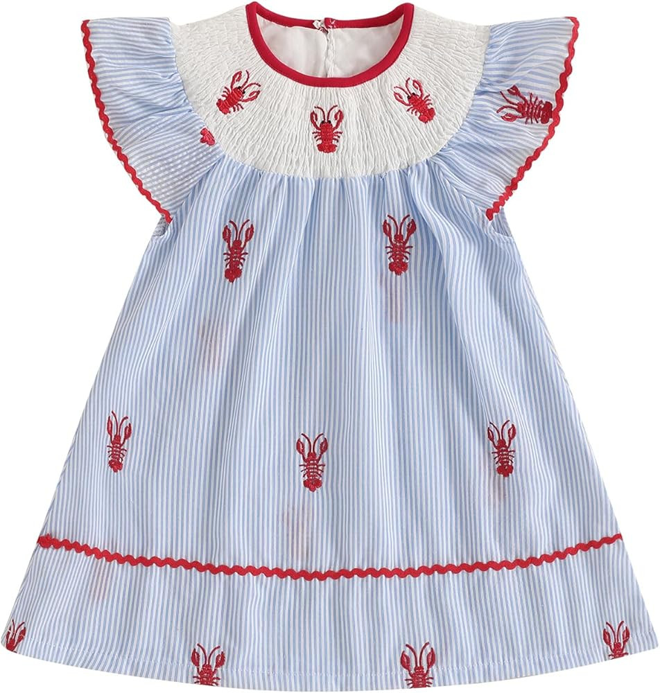 Toddler Baby Girl Crawfish Smocked Ruffle Short Sleeve Dress Lobster Plaid Princess Dresses Summe... | Amazon (US)