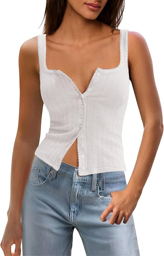 Panadila Womens Ribbed Square Neck Tank Top Summer Button Down Tanks Sleeveless Knit Tops Going O... | Amazon (US)