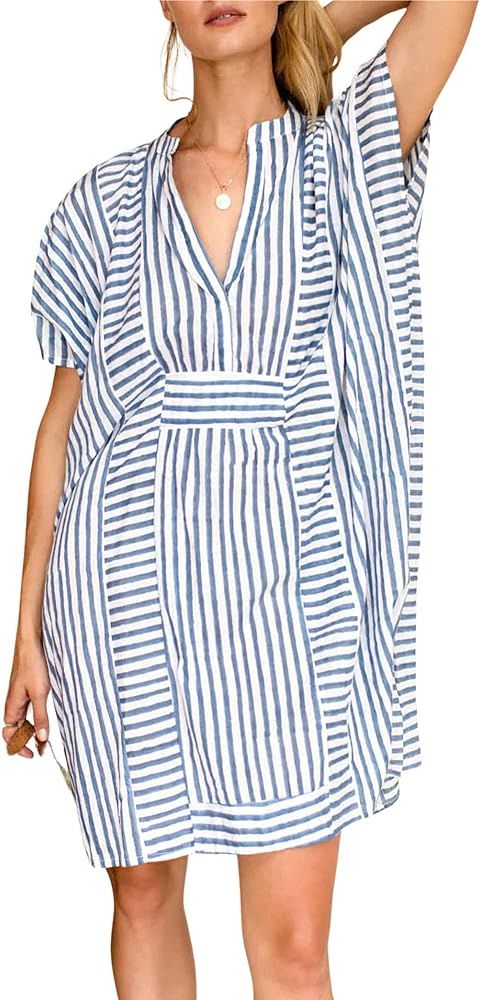 chouyatou Womens Summer Loose Stripe Beach Dress Cover Ups Casual Batwing Sleeve Midi Tunic Shirt... | Amazon (US)