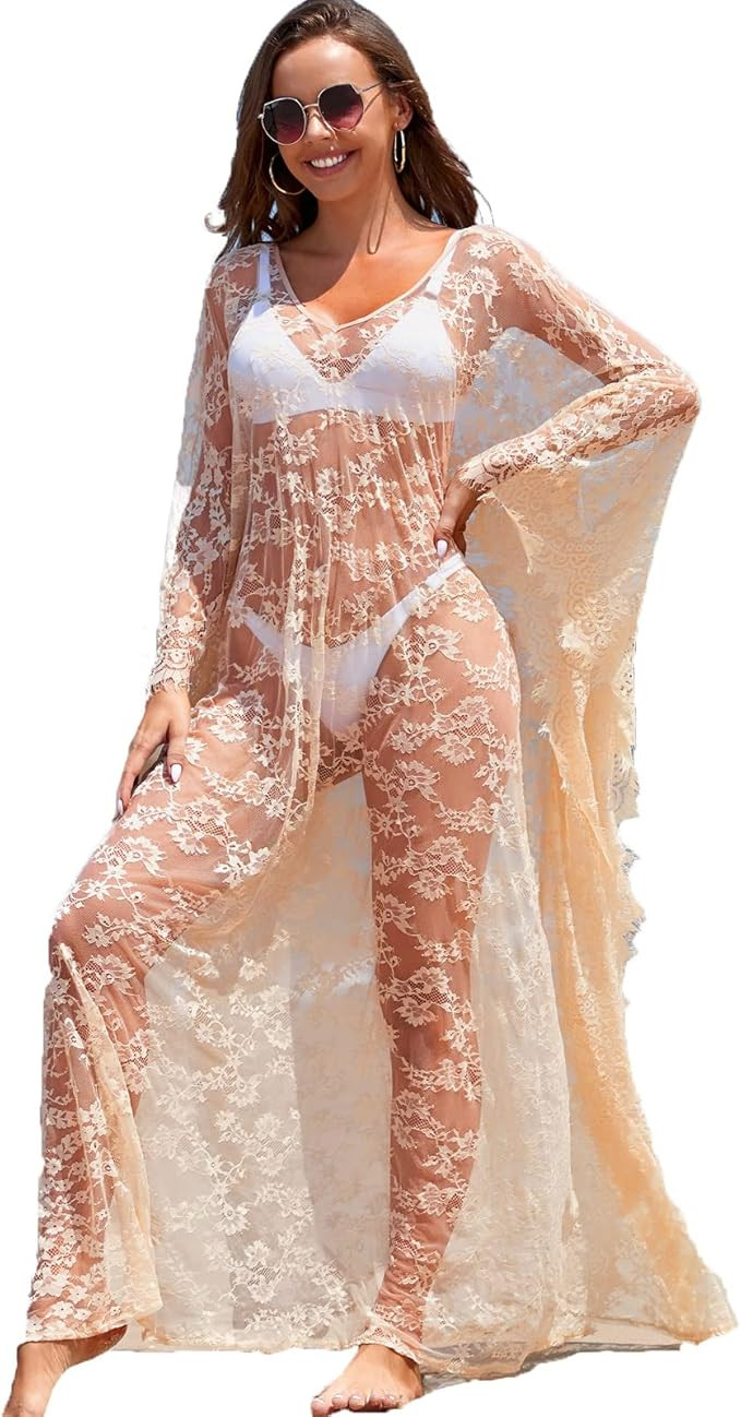 Beach Cover Up Boho Lace Kimono Plus Size Bikini Robe Swimsuit Bathing Suit Cover Ups for Women | Amazon (US)