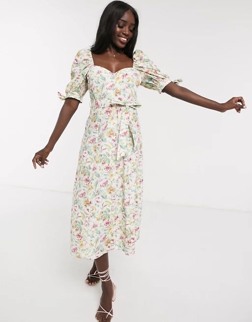 ASOS DESIGN cotton poplin puff sleeve midi skater dress in ditsy floral with rhinestone buttons | ASOS (Global)