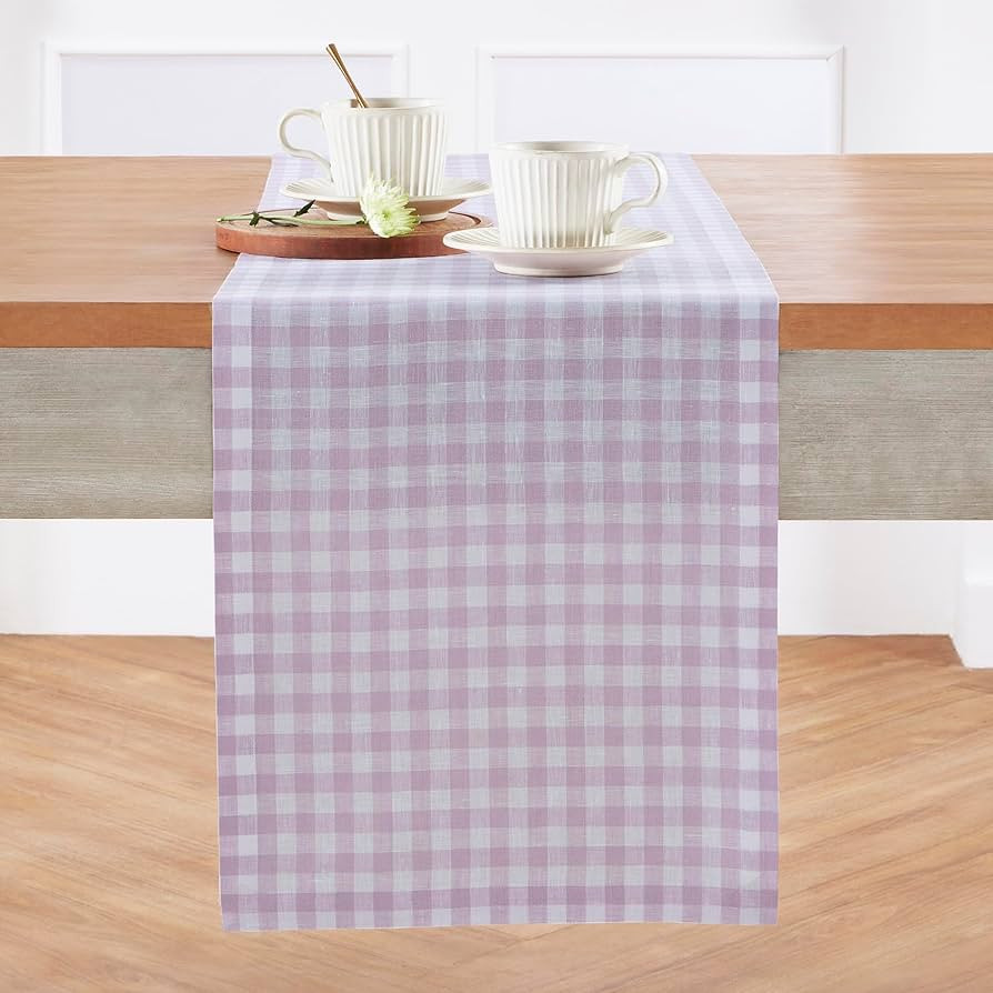 Solino Home Linen Gingham Check Table Runner 48 Inches - 100% Pure Linen Lilac Checkered Table Ru... | Amazon (US)