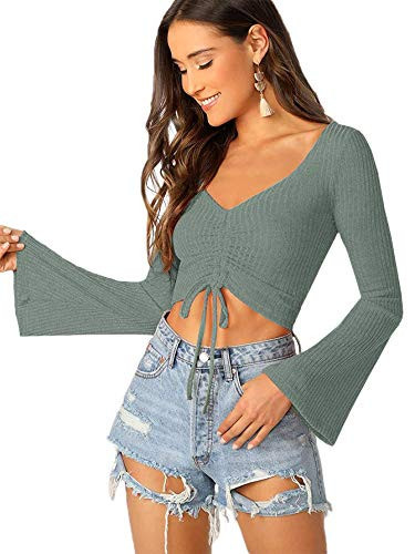 SweatyRocks Women's Adjustable Drawstring String Long Bell Sleeve Rib Knit Sexy Crop Top Green S | Amazon (US)