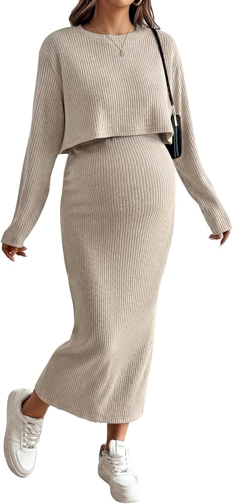 Soft Stretch Knit Slit Bodycon Midi Skirt Sets,Long Sleeve Top Lounge Set Fits for Pregnancy & Po... | Amazon (US)