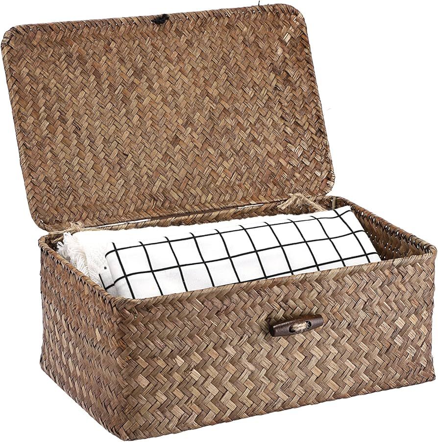 Hipiwe Wicker Shelf Baskets Bin with Lid, Handwoven Seagrass Basket Storage Bins Rectangular Hous... | Amazon (US)