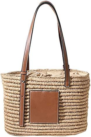 Women Woven Straw Handbag Faux Leather Handle Shoulder Tote Bag Basket Purse Coffee | Amazon (UK)