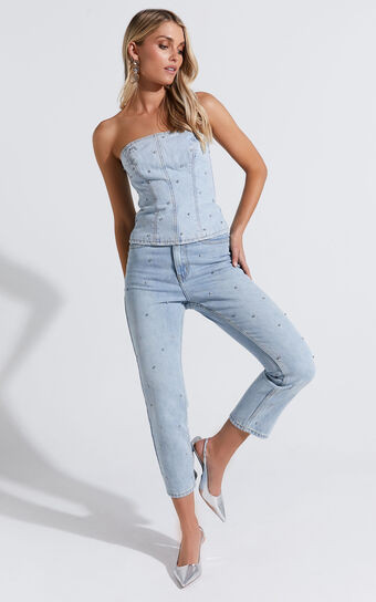 Karter Jeans - High Waisted Rhinestone Straight Leg Denim Jeans in Light Blue Wash | Showpo (ANZ)